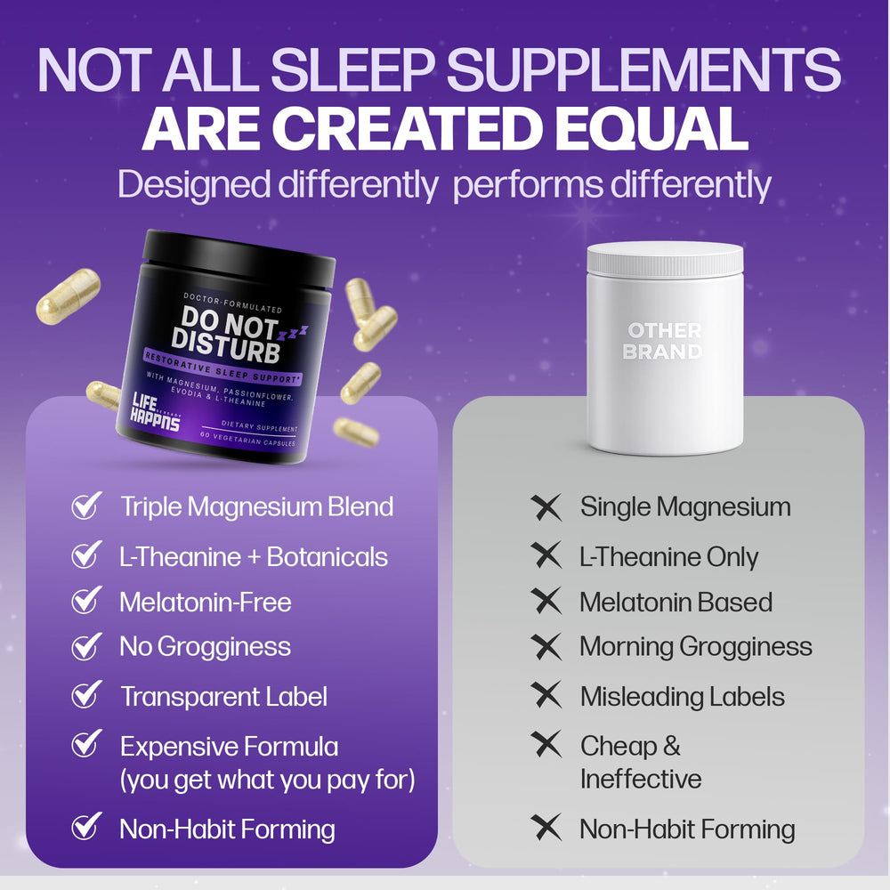 Life Happns Be Ready melatonin-free label communicates non-habit sleep aid