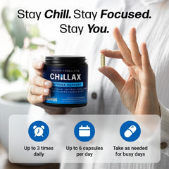 Life Happns Calm capsules poured from the bottle illustrate non-drowsy relaxation for daytime use.