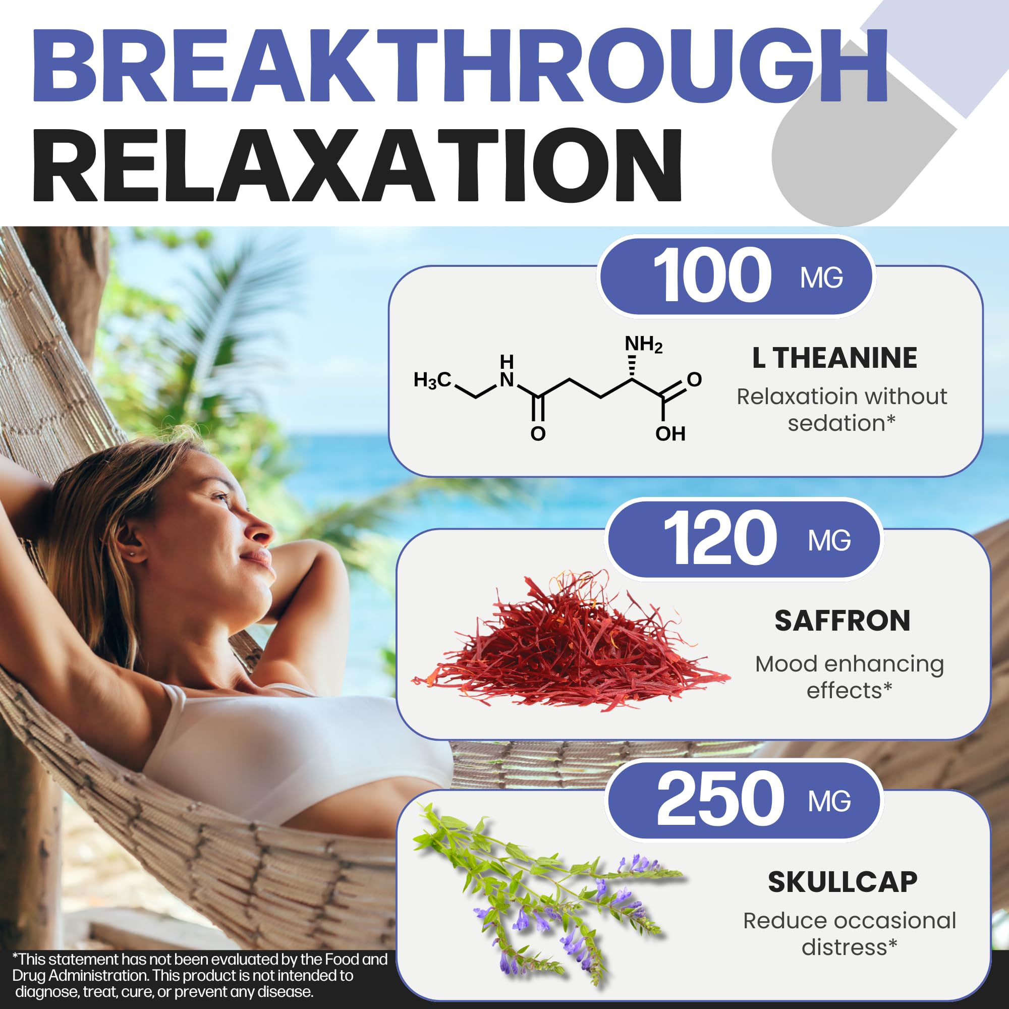 Close-up of Life Happns Calm label highlighting saffron extract for balanced mood potential.