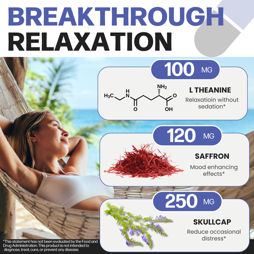 Close-up of Life Happns Calm label highlighting saffron extract for balanced mood potential.