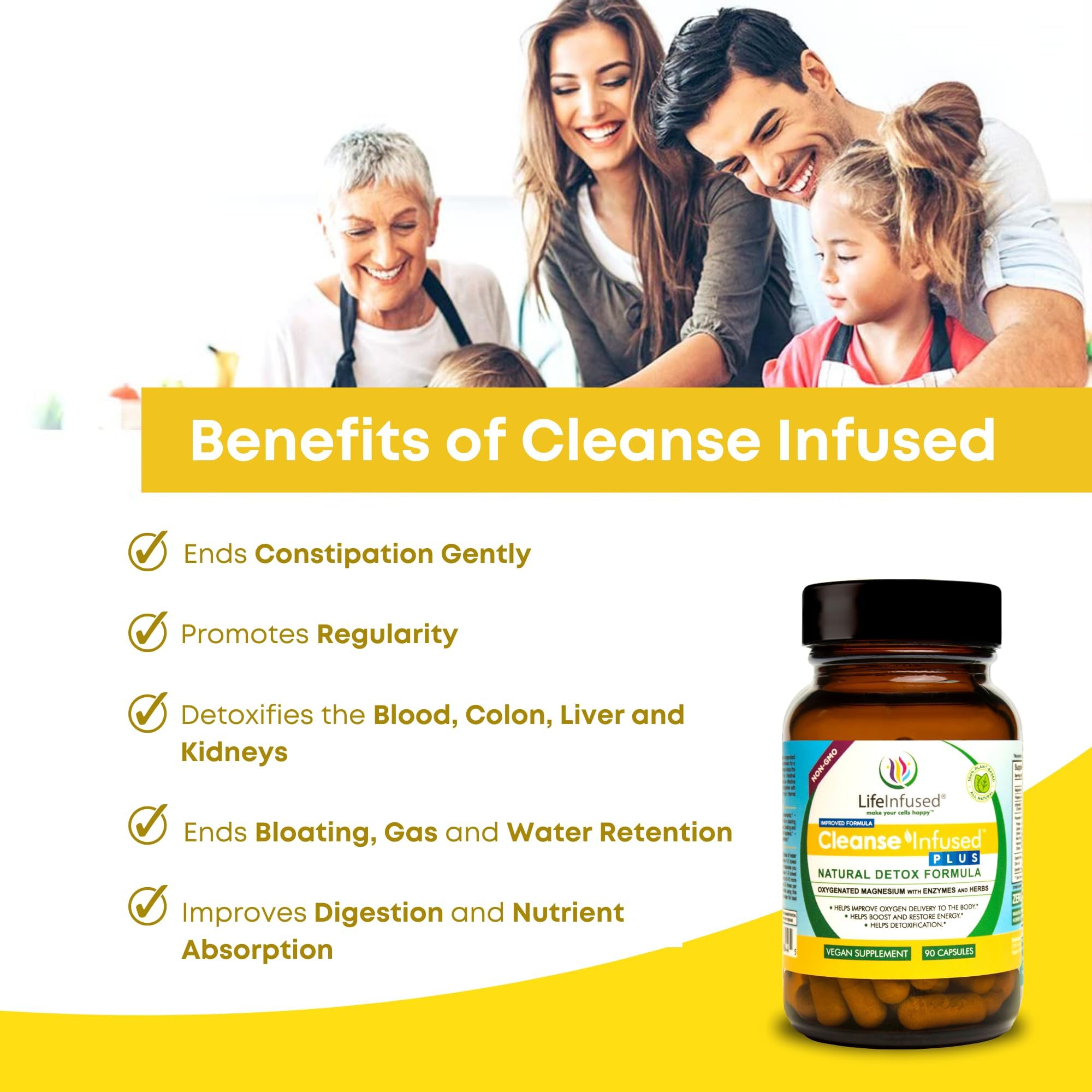 Life Infused Cleanse Infused Plus label detail highlighting vegan, non-GMO formula.
