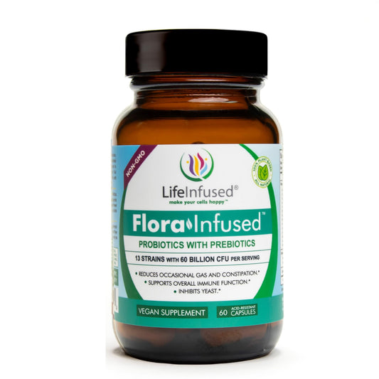 Life Infused Flora Infused Probiotics bottle supports daily gut balance with 60B CFU