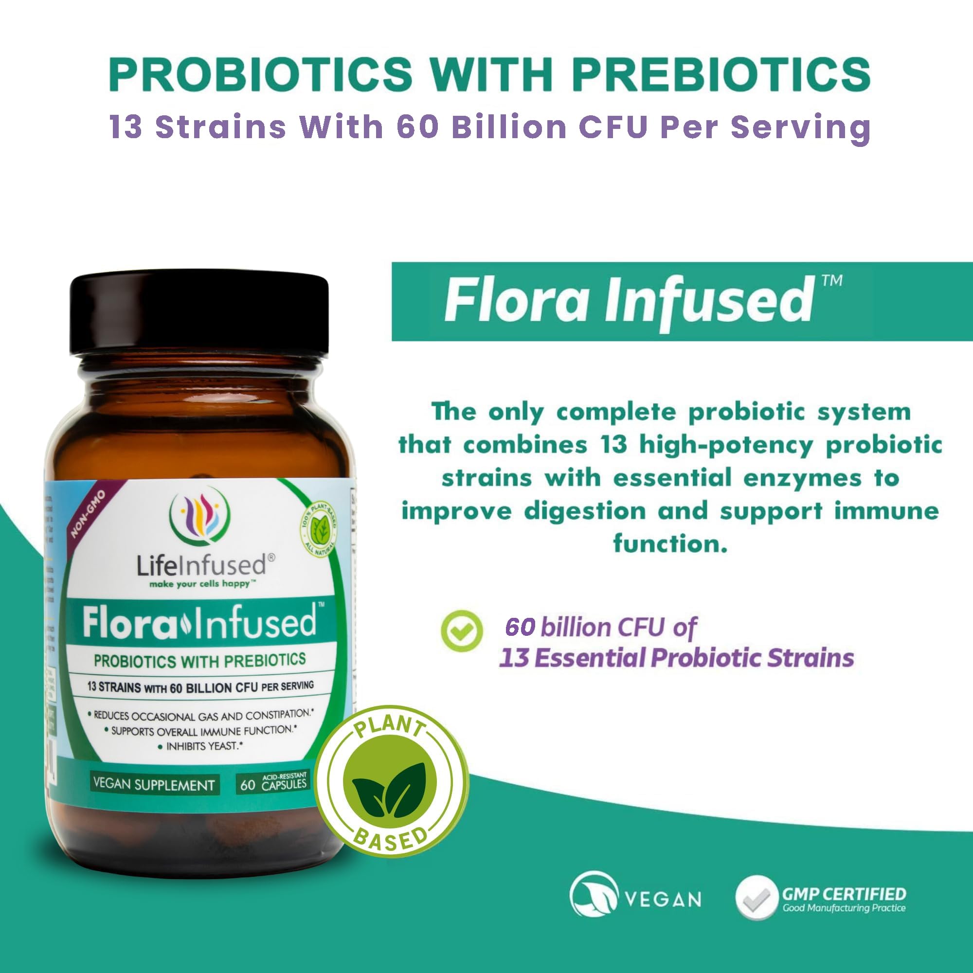 Life Infused Flora Infused Probiotics prebiotic and enzyme blend aiding nutrient breakdown