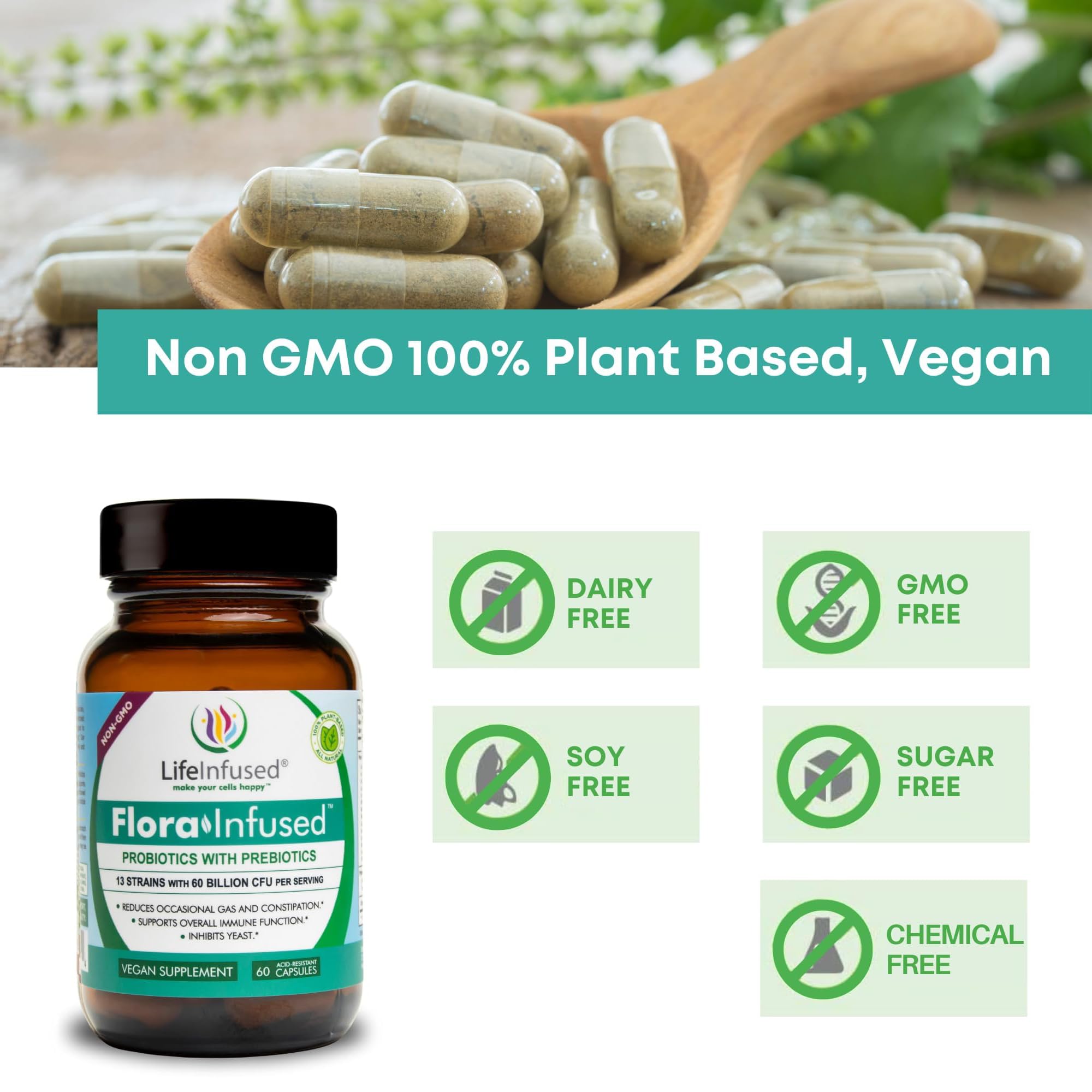 Life Infused Flora Infused Probiotics vegan formula label, dairy-free and clean ingredients
