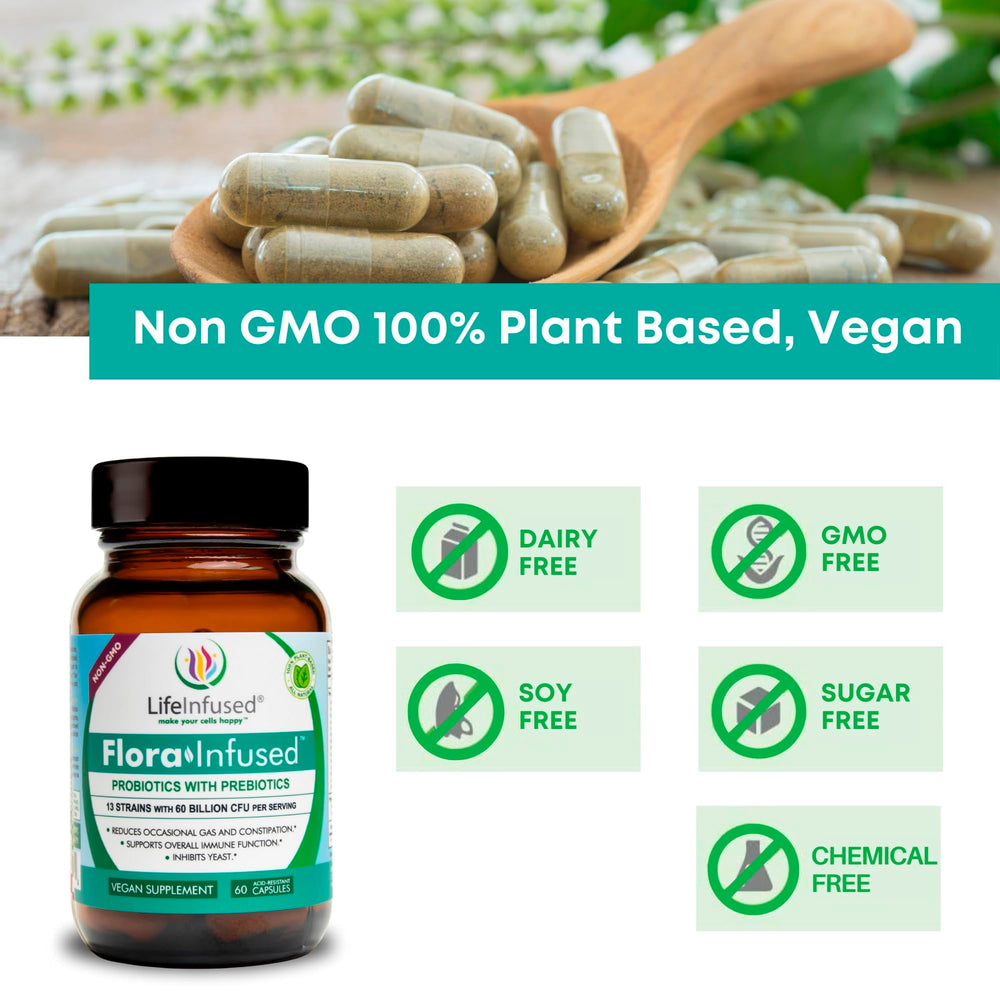 Life Infused Flora Infused Probiotics vegan formula label, dairy-free and clean ingredients
