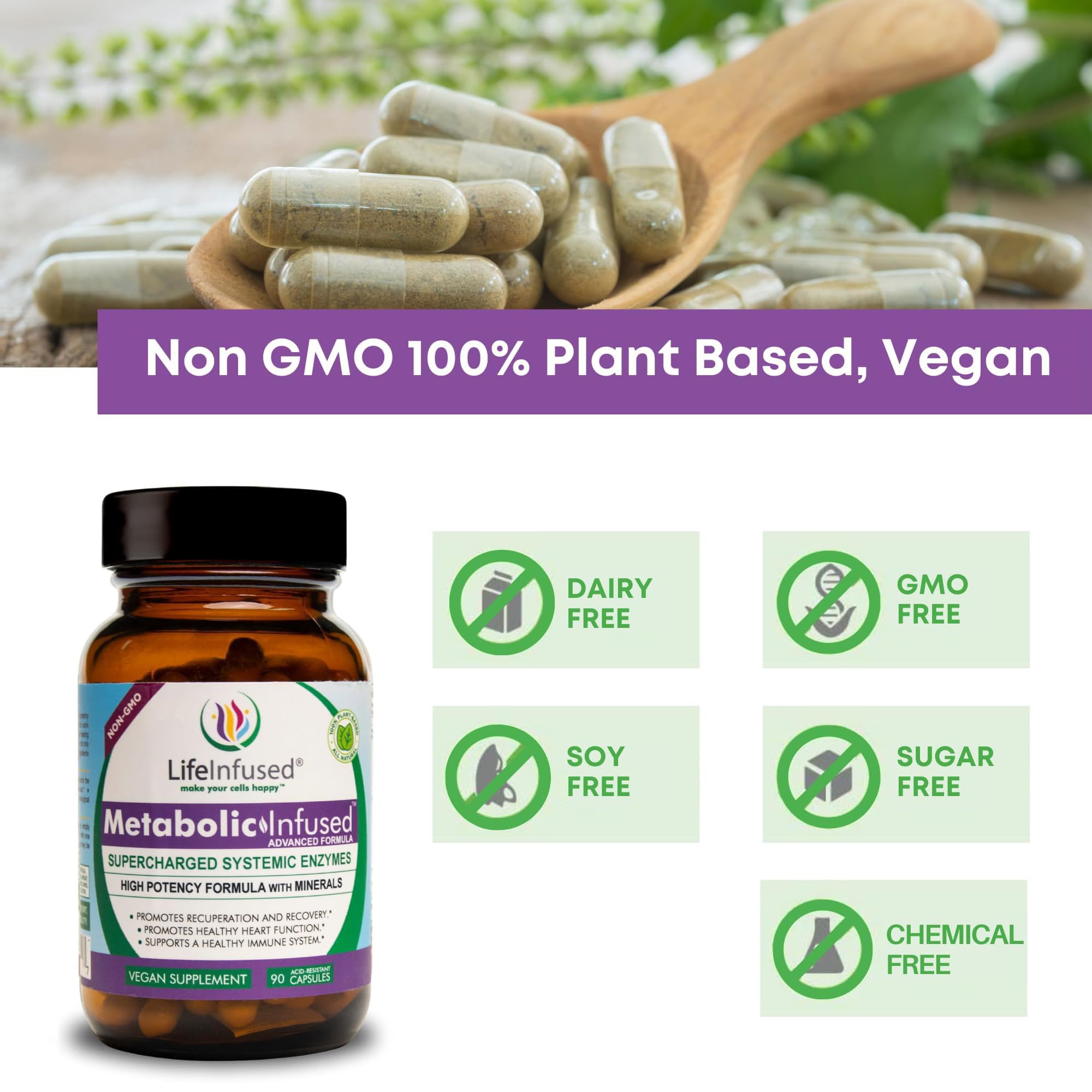 Ingredients panel for Life Infused Metabolic Enzymes reveals Serrapeptase and Nattokinase.