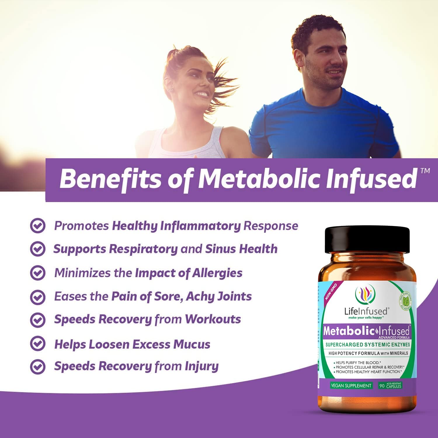 Life Infused Metabolic Enzymes label shows vegan, non-GMO formula and minerals.