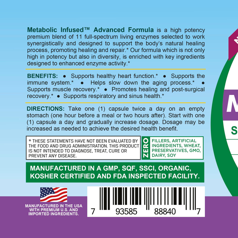 Vegan capsules of Life Infused Metabolic Enzymes for plant-based diets.