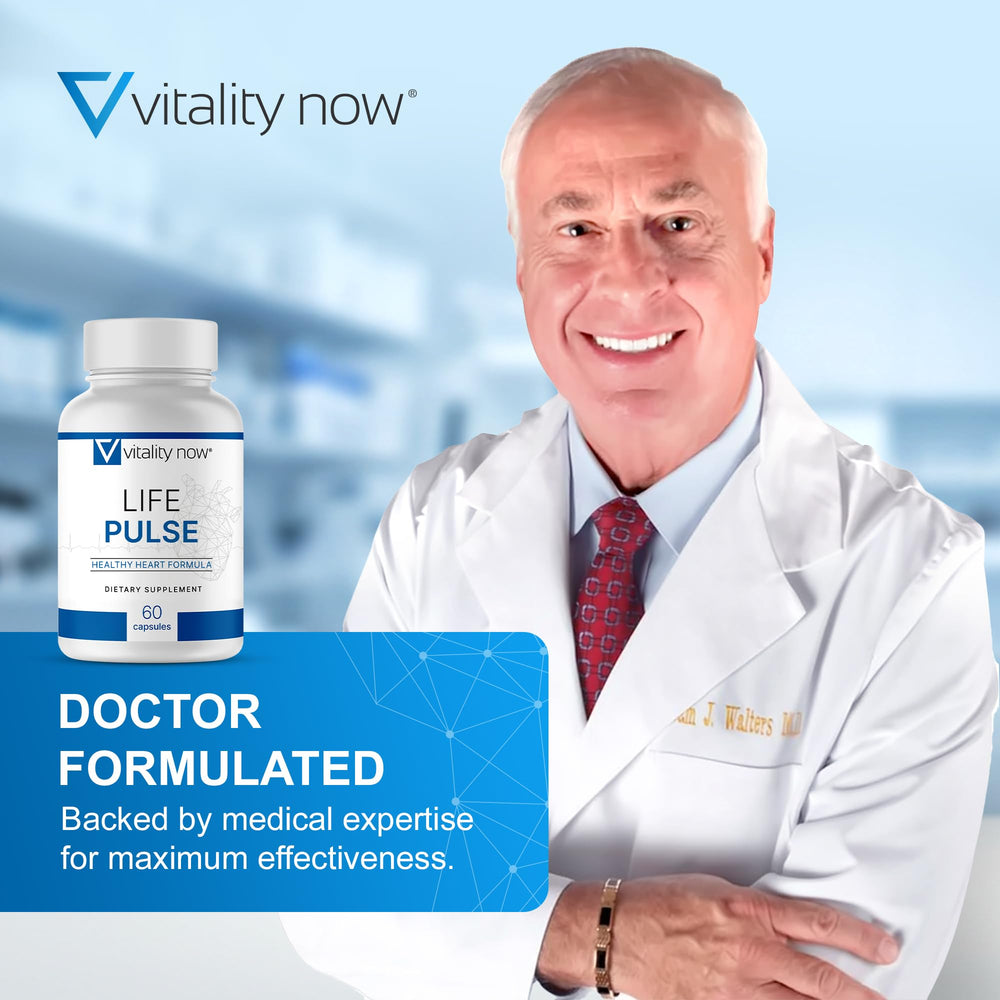 Vitality Now Life Pulse bottle showing L-Arginine and olive leaf for healthy circulation