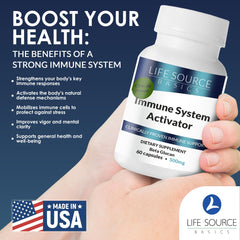 Made in USA seal on Life Source Basics bottle signals trusted manufacturing.