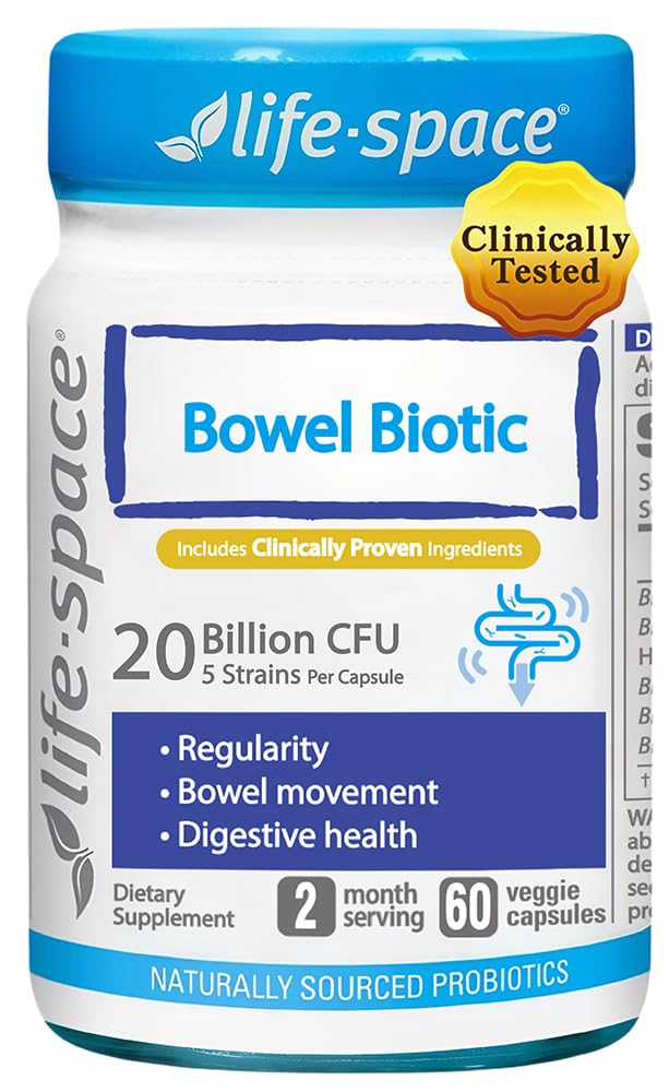 Life-Space Bowel Biotic bottle front for regularity and digestive health.