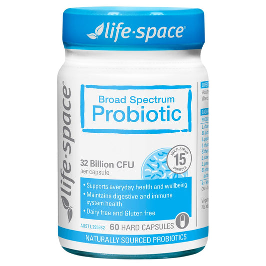 Life-Space Broad Spectrum probiotic bottle with label showing 32 billion CFU per capsule