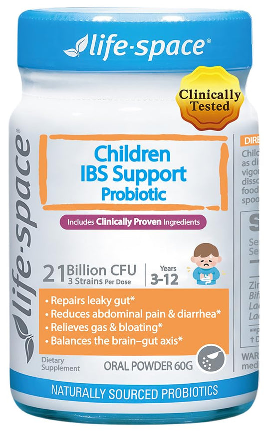 Life-Space Children IBS Probiotic tub showing label for gentle pediatric digestion.