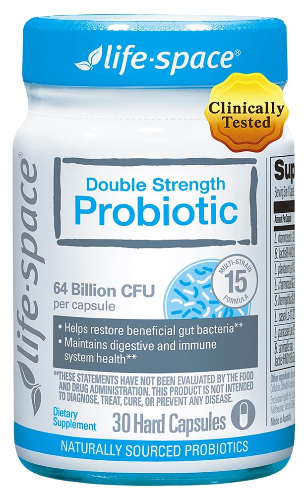Life-Space Double Strength bottle front showcases 64B CFU of probiotic strains for daily gut balance.