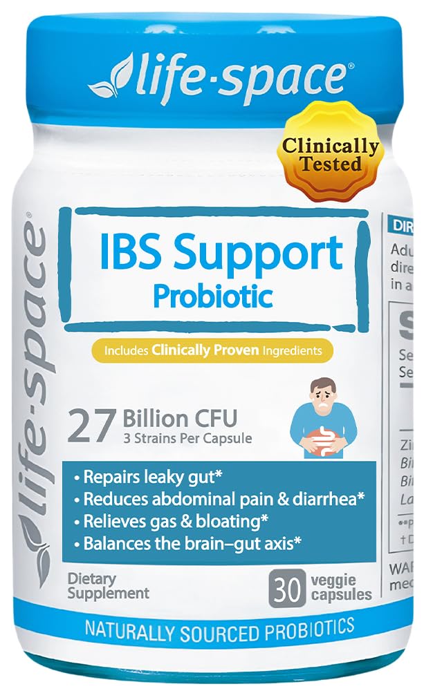 Life-Space IBS Support Probiotic bottle highlighting 27B CFU for gut comfort.