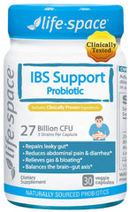 Life-Space IBS Support Probiotic bottle highlighting 27B CFU for gut comfort.