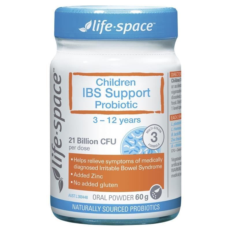 Life-Space LGG and L. plantarum bottle label – supports gut balance in kids.