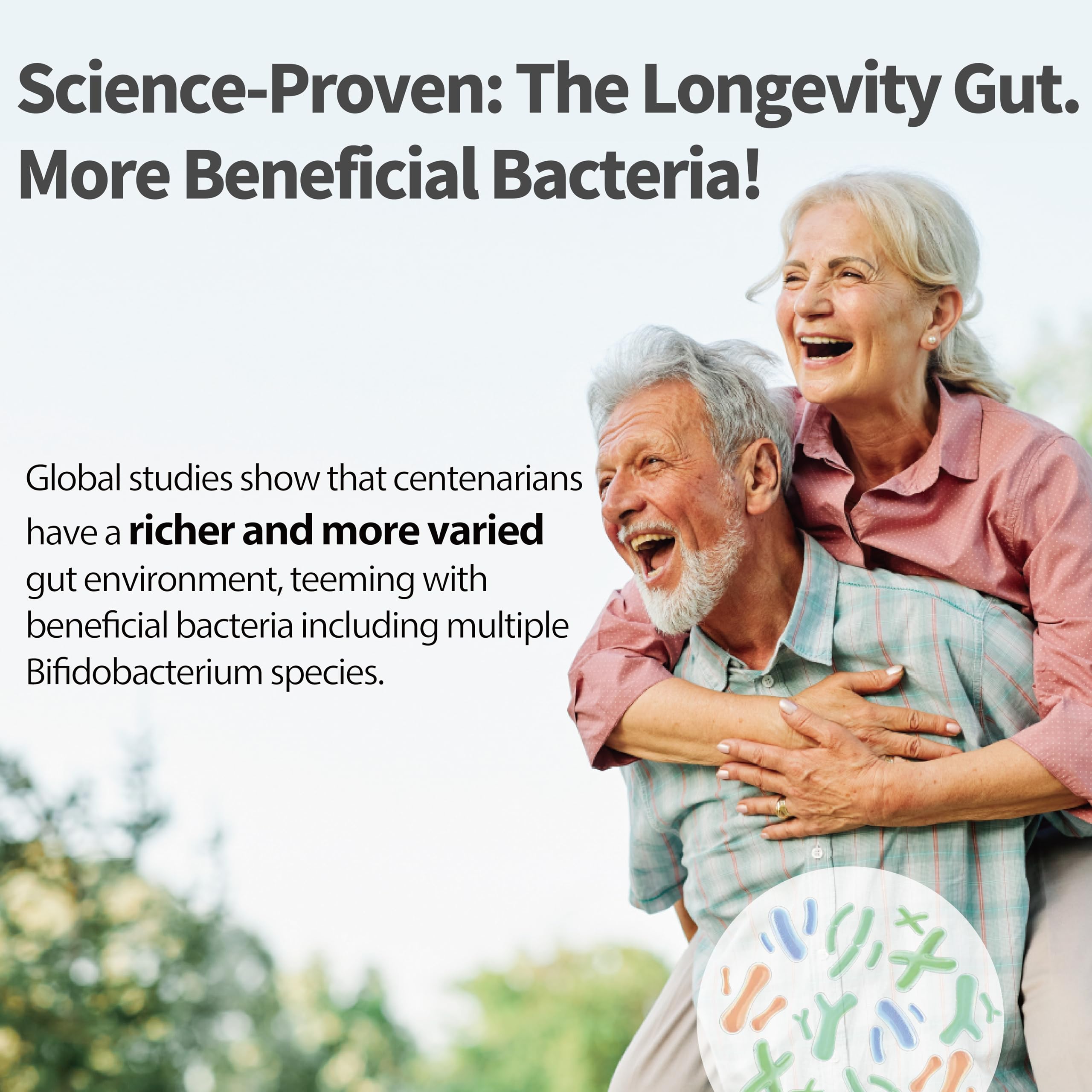 Life-Space Probiotic 15-strains illustration highlights targeted senior health benefits.
