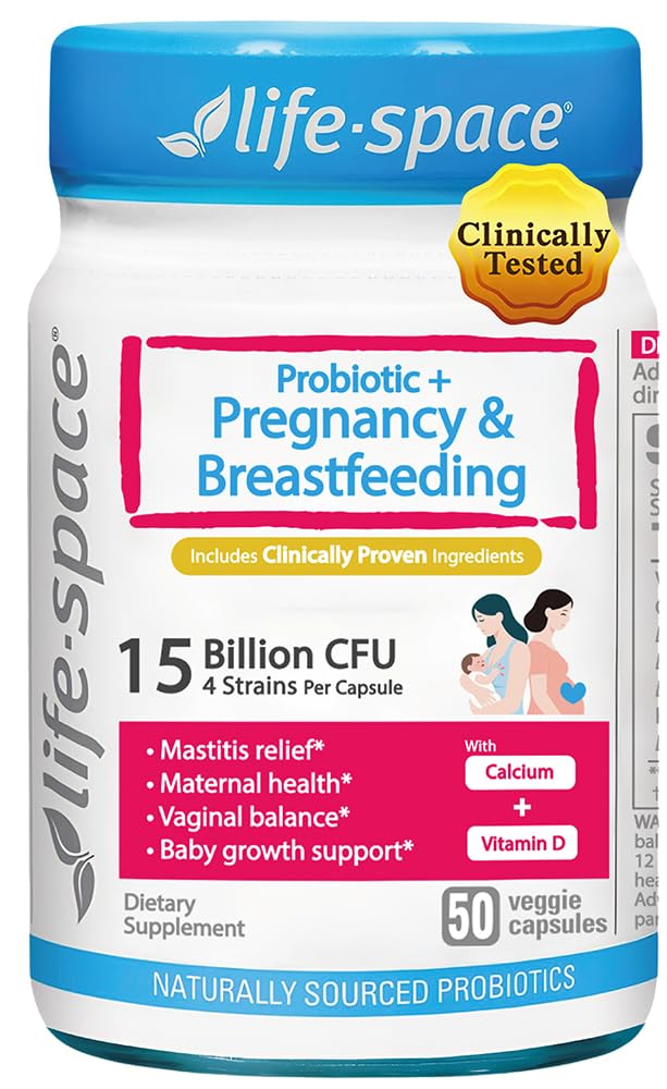 Life-Space Probiotic pregnancy-pack bottle showing daily support for mom and baby gut health