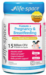Life-Space Probiotic pregnancy-pack bottle showing daily support for mom and baby gut health