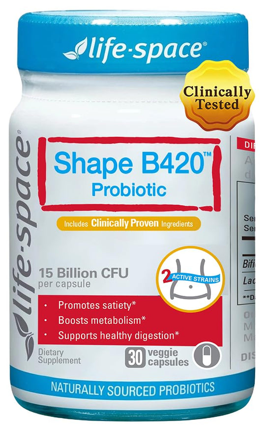 Life-Space Shape B420 bottle highlights gut balance support with B420 and Lg-36.