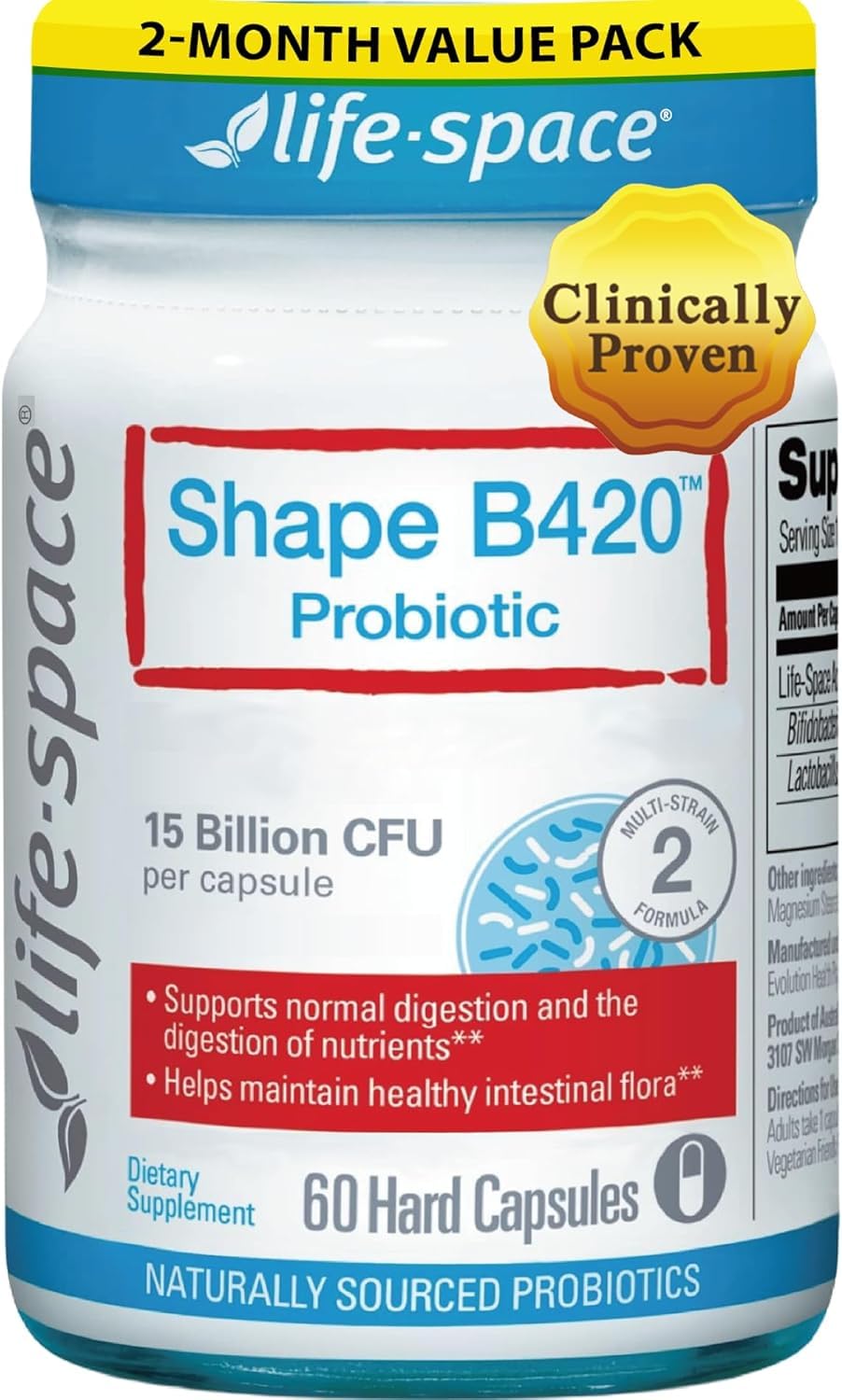 Life-Space Shape B420 Probiotics bottle shows daily gut support in a convenient capsule.