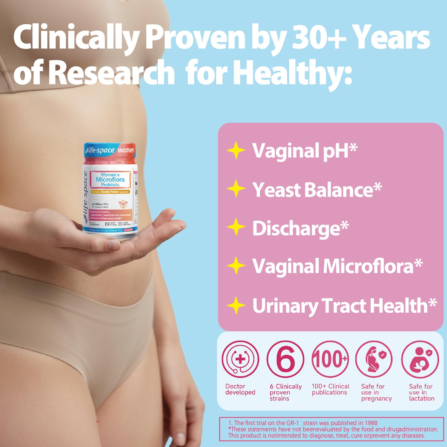 Life-Space Probiotic bottle on display supports daily wellness.