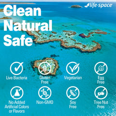 Bottle beside water demonstrates easy daily intake with Life-Space probiotic.