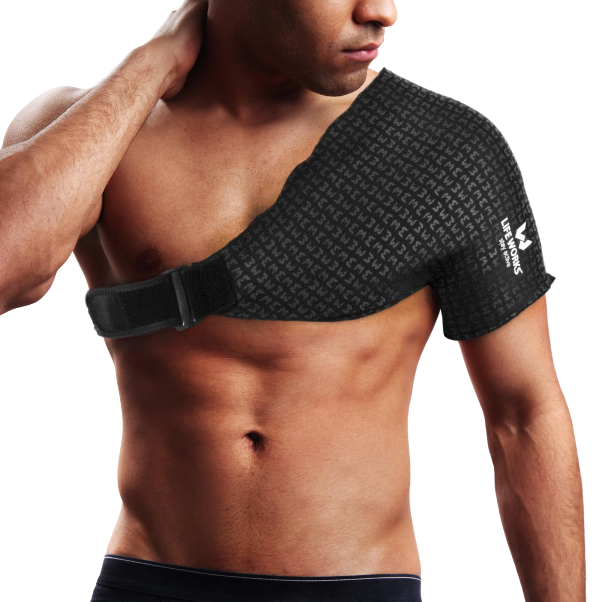Life Works Shoulder Ice Gel Pack with adjustable strap delivers secure, targeted cold relief during activity.