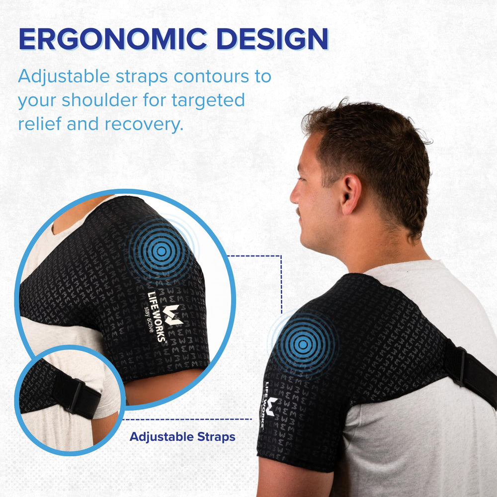 Life Works Shoulder Ice Gel Pack double-layer gel keeps cold longer for extended sessions.