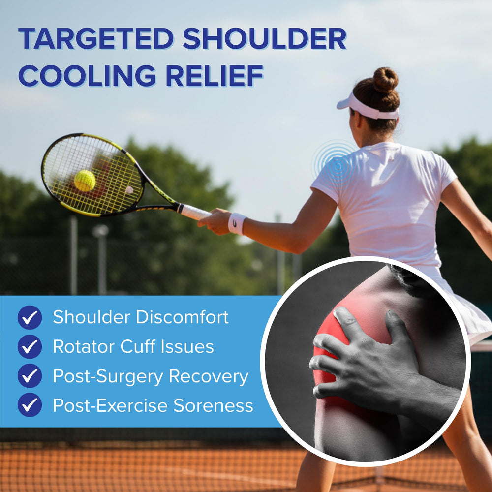 Life Works Shoulder Ice Gel Pack mounted on shoulder provides cooling support during daily tasks.
