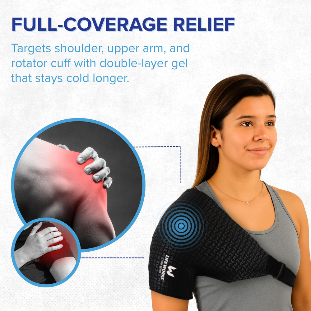 Life Works Shoulder Ice Gel Pack reversible design fits left or right shoulder for flexibility.