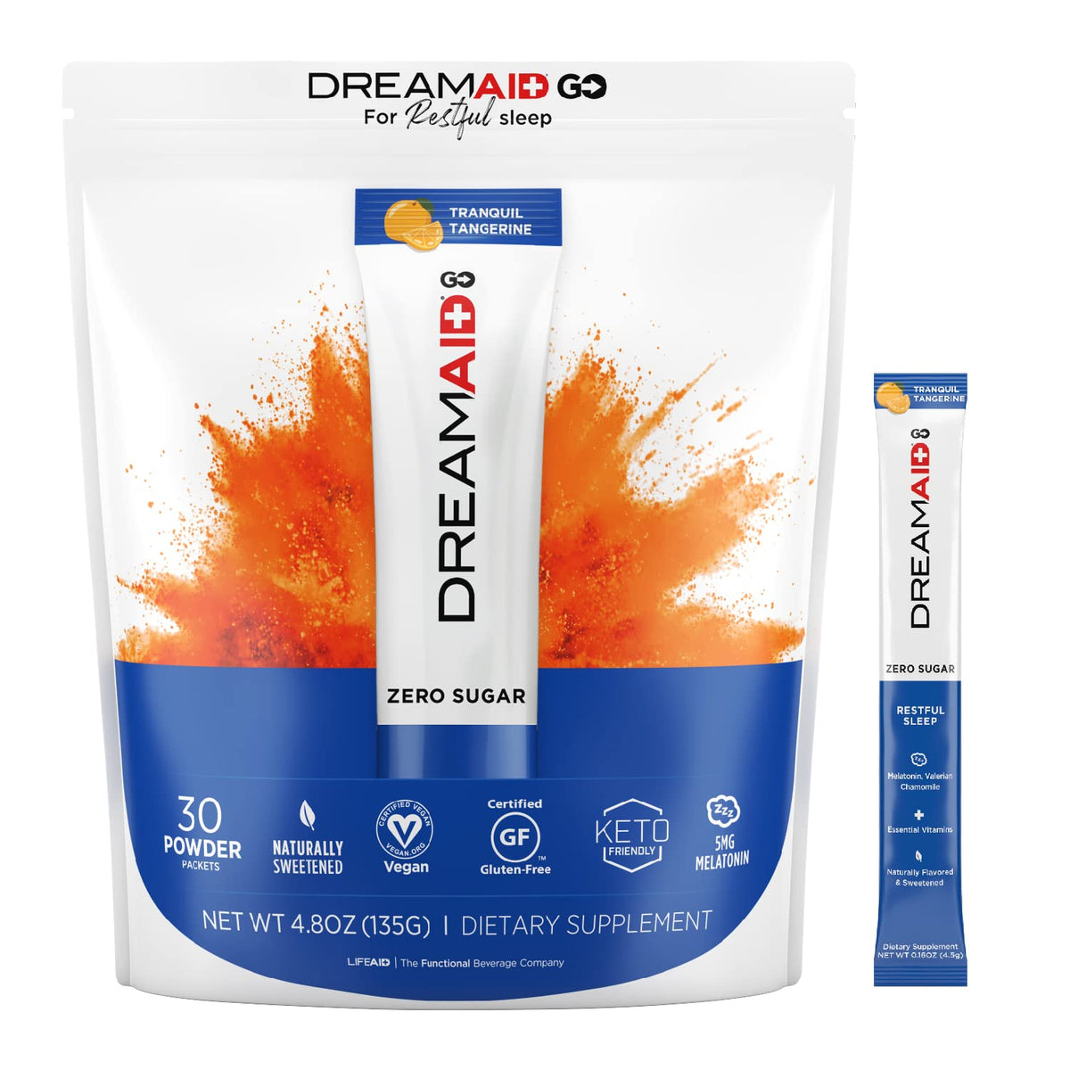 LIFEAID DreamAid packaging label highlights keto-friendly, zero-sugar sleep aid for adults.