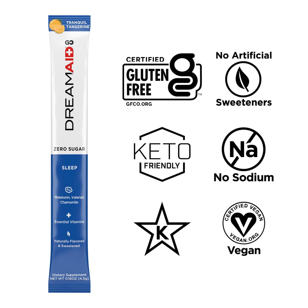 LIFEAID DreamAid packet opened showing convenient sleep aid on the go.