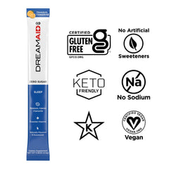 LIFEAID DreamAid packet opened showing convenient sleep aid on the go.