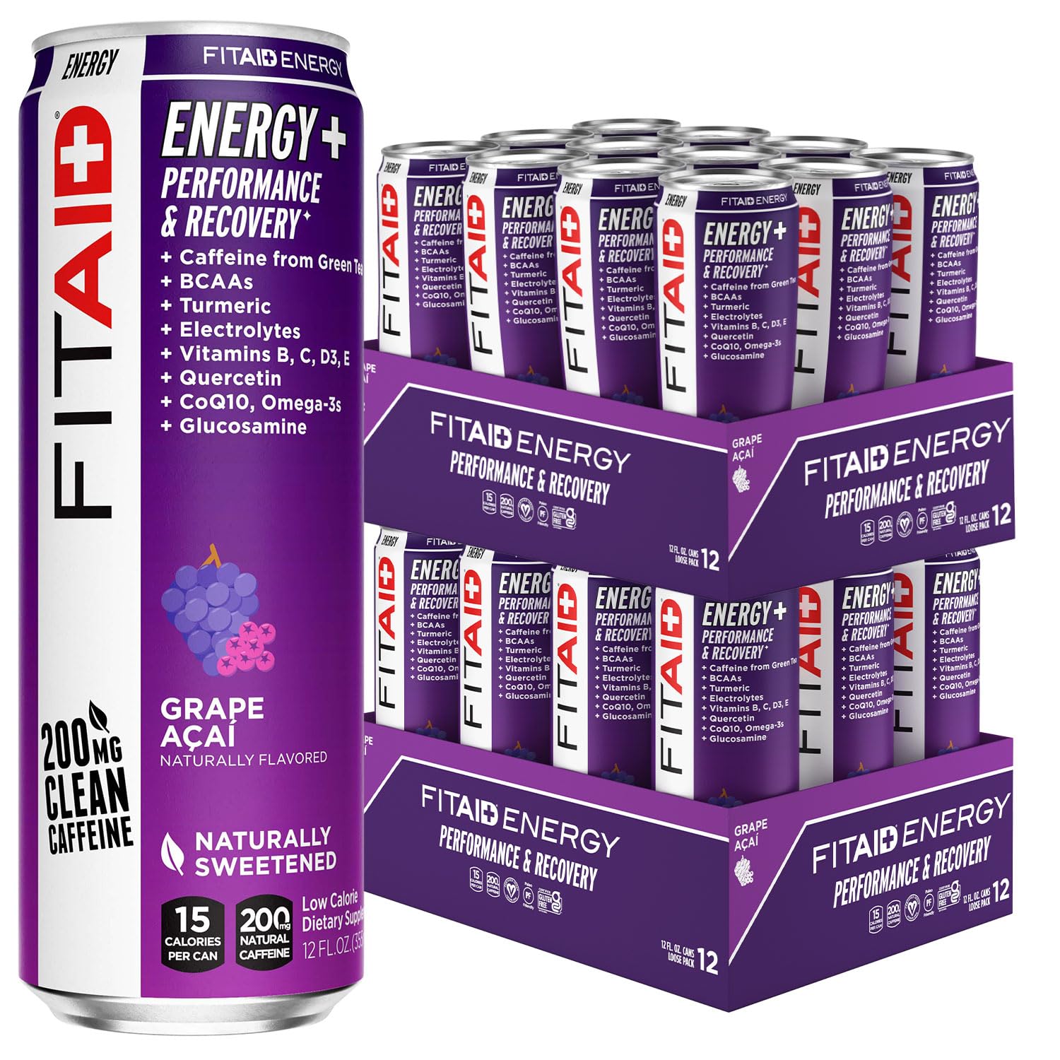 LIFEAID FITAID Energy Grape Acai can front, 200mg caffeine for pre-workout energy