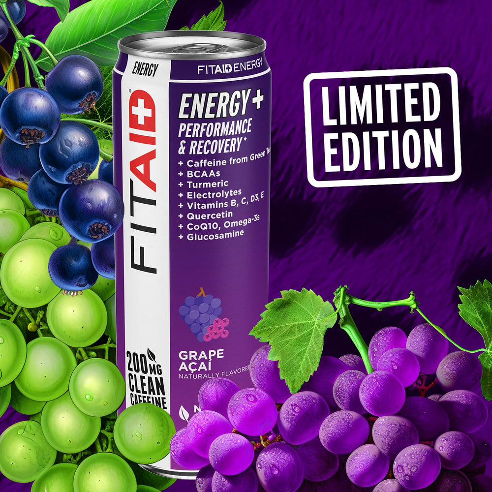 Grape Acai flavor artwork on FITAID Energy can with tropical vibe