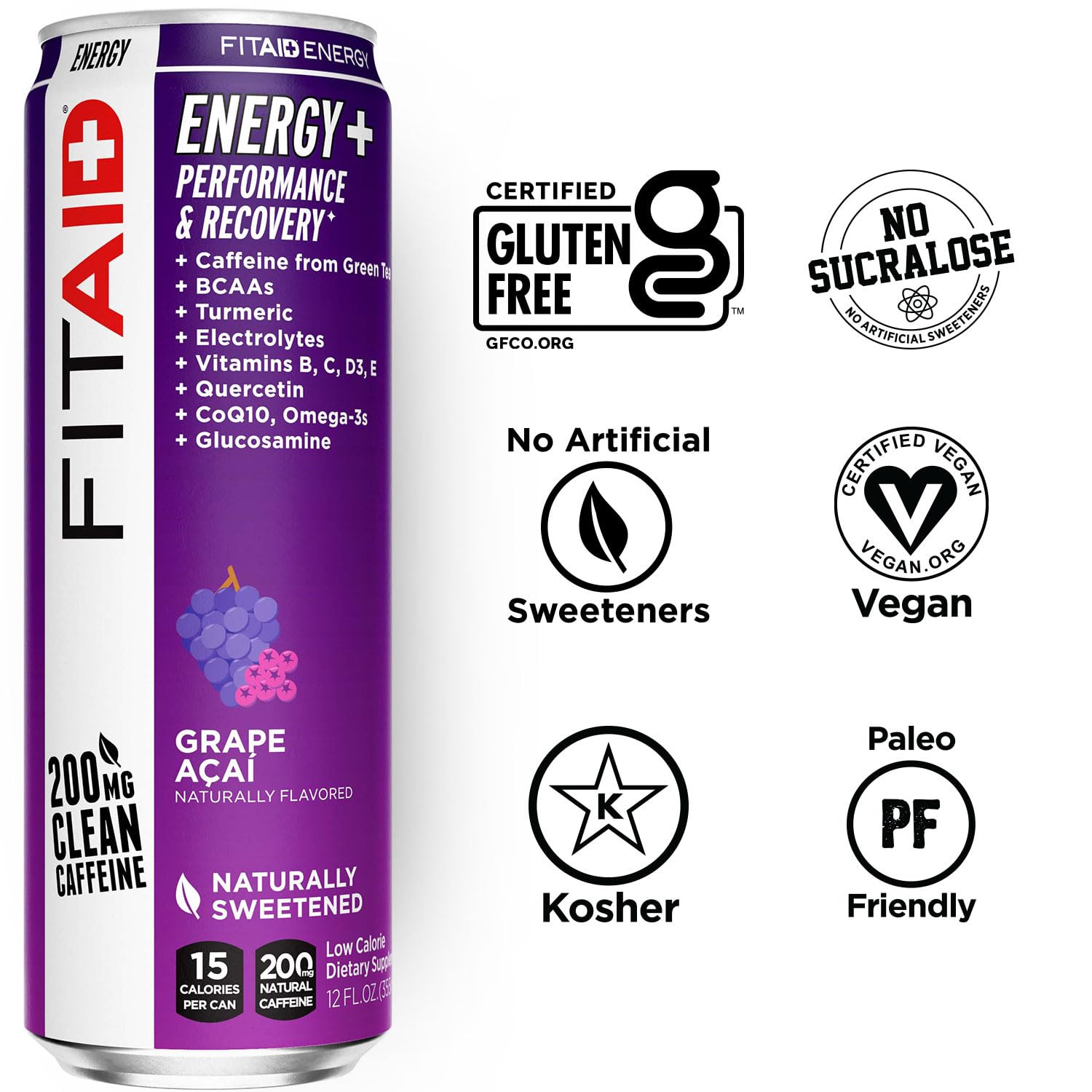 Close-up of label on FITAID Energy Grape Acai, featuring BCAAs and electrolytes