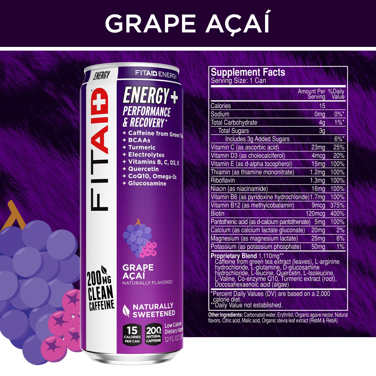 FITAID Energy Grape Acai can on ice, chilled for post-workout recovery