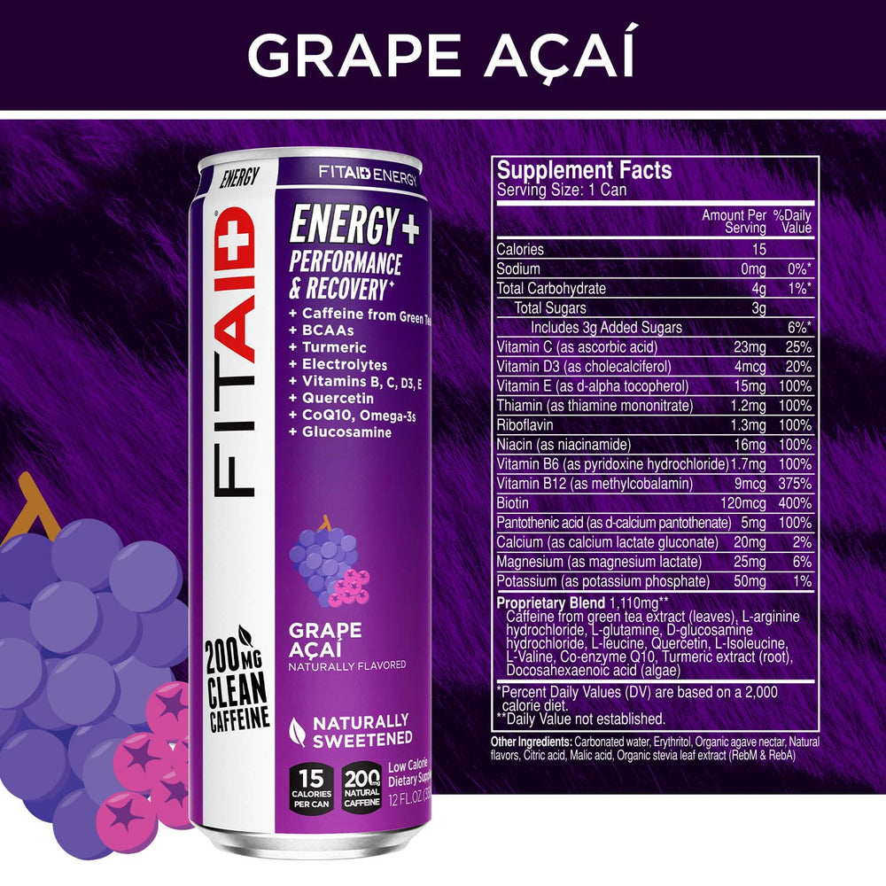 FITAID Energy Grape Acai can on ice, chilled for post-workout recovery