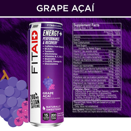 FITAID Energy Grape Acai can on ice, chilled for post-workout recovery