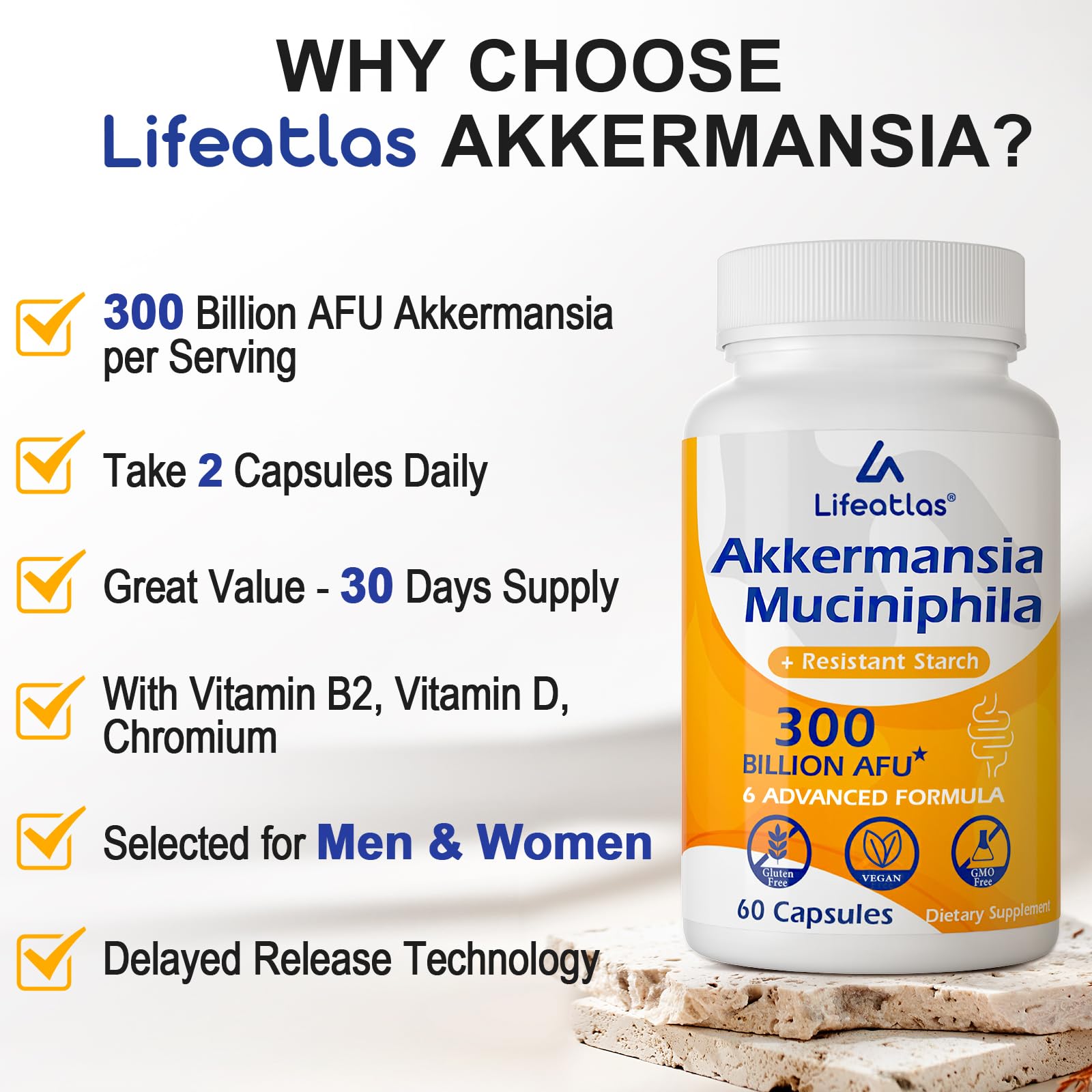 Lifeatlas Akkermansia 60-capsule package for a 30-day routine