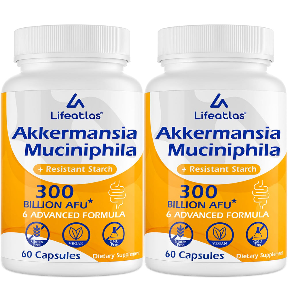 Lifeatlas Akkermansia bottle label showing 300B AFU potency for gut support