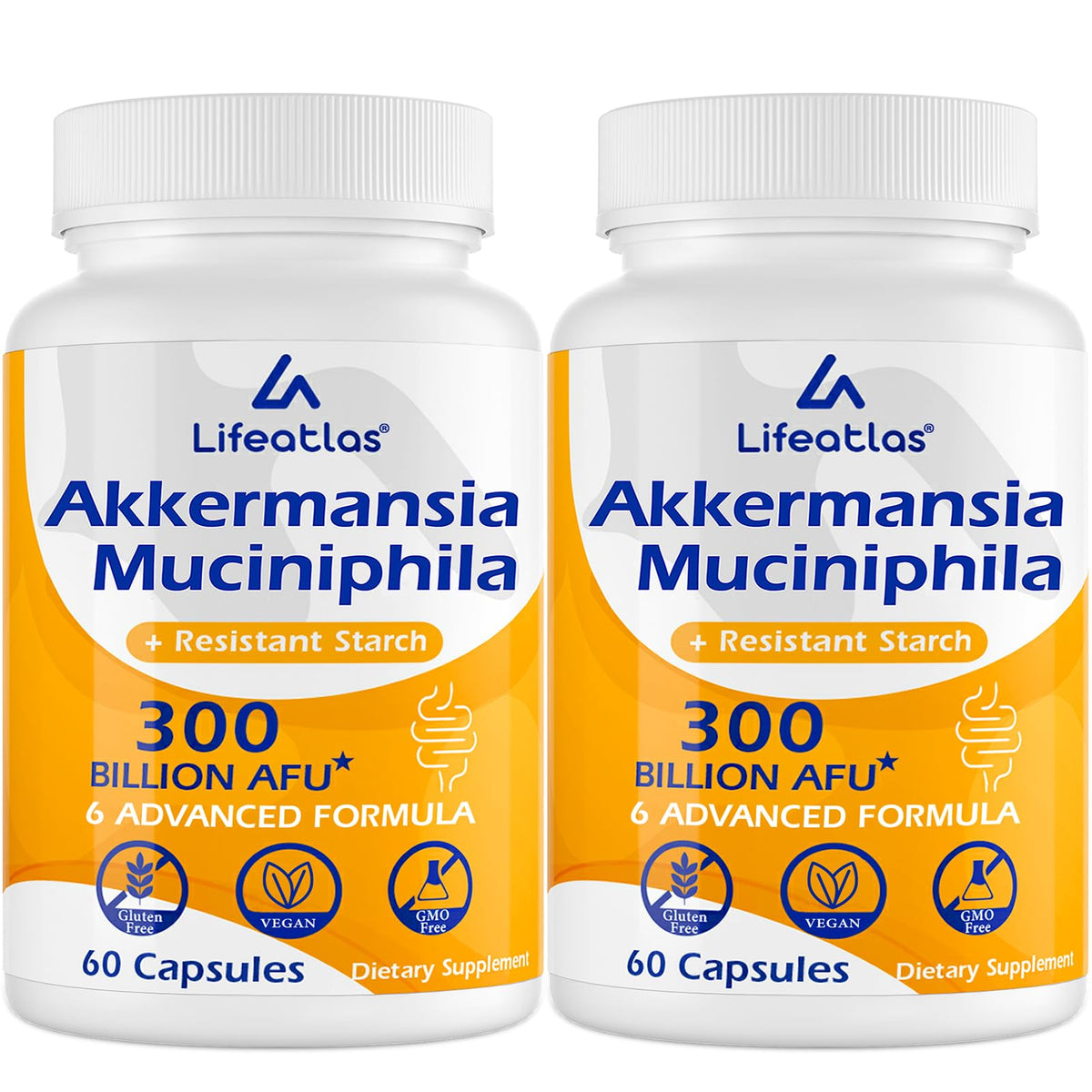 Lifeatlas Akkermansia bottle label showing 300B AFU potency for gut support