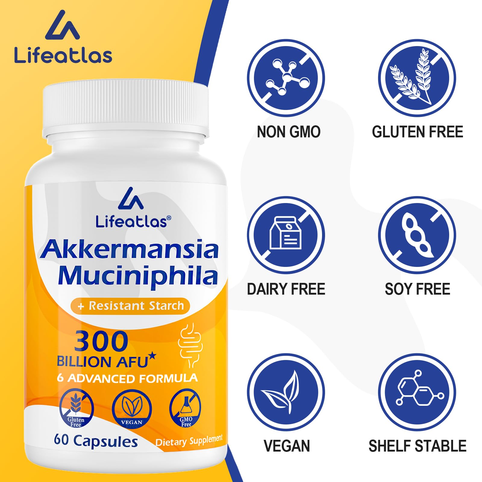 Lifeatlas Akkermansia shelf-stable vegan bottle on a shelf