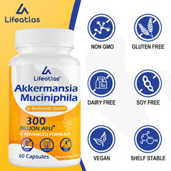 Lifeatlas Akkermansia shelf-stable vegan bottle on a shelf