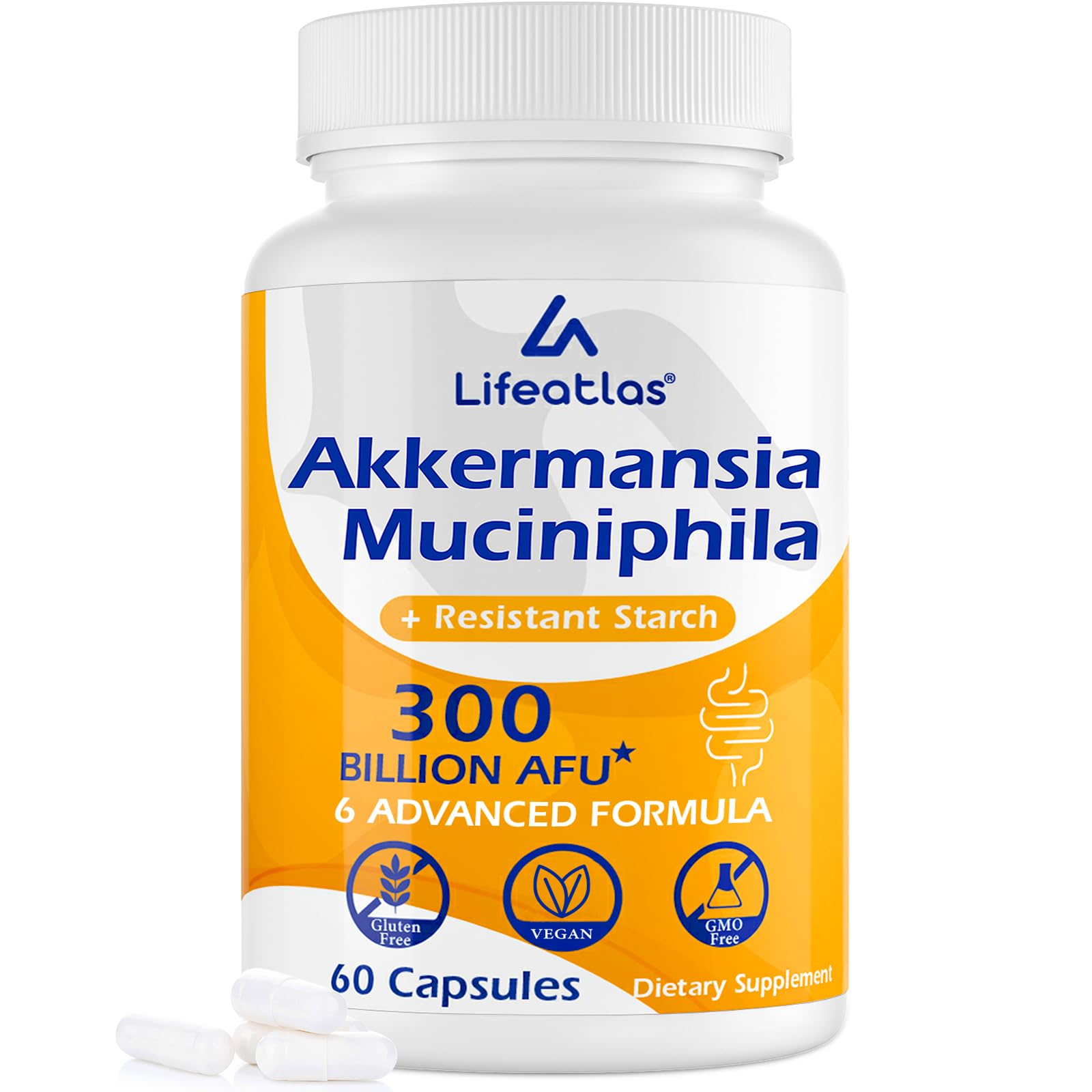 Lifeatlas Akkermansia probiotic bottle highlighting 300B AFU for daily gut support