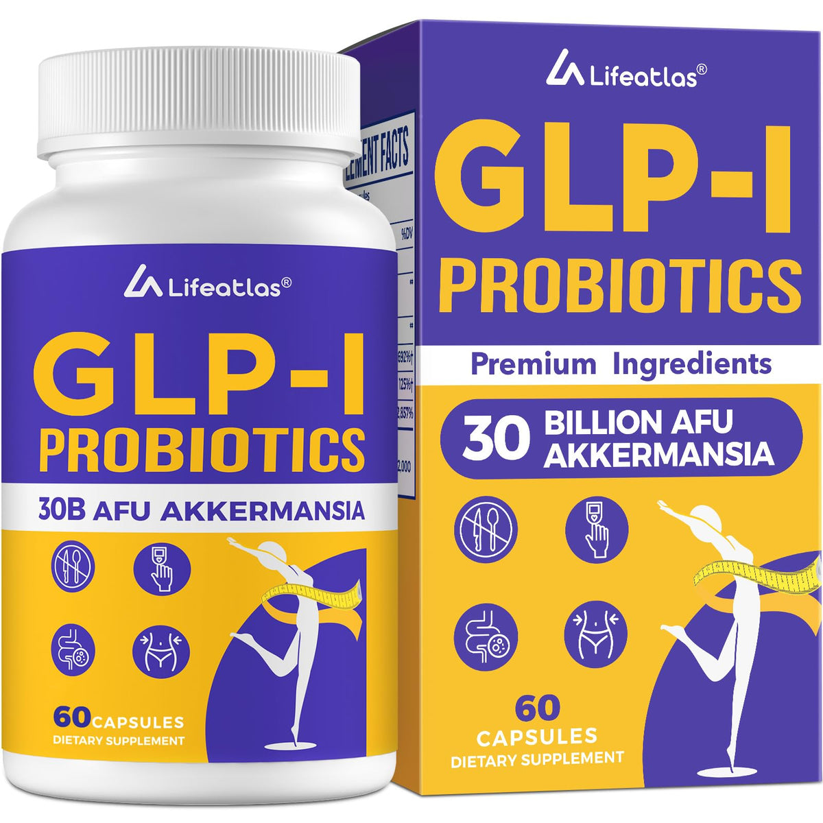Lifeatlas GLP-I supplement bottle-front for daily Akkermansia probiotic support.