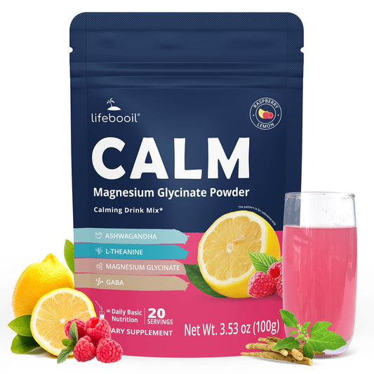 Lifebooil Calm Magnesium powder bottle ready to mix for relaxed muscles and restful evenings.