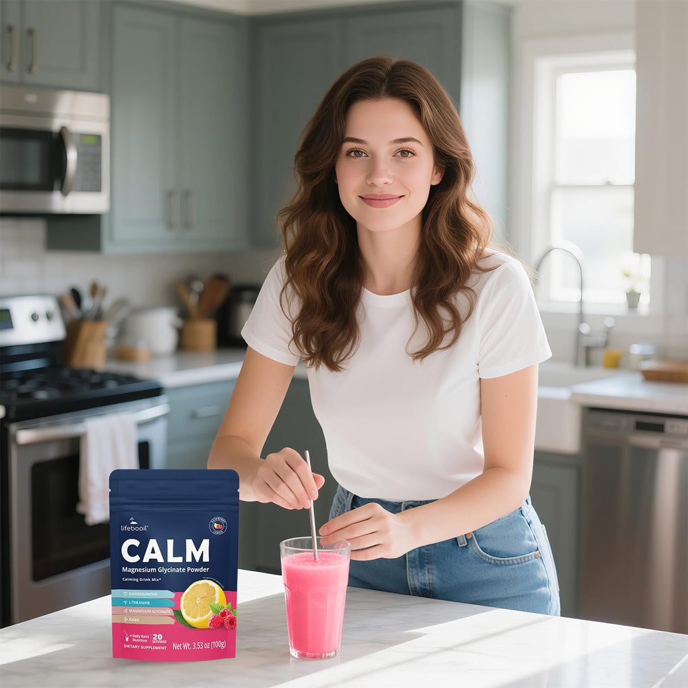 Lifebooil Calm Magnesium powder vitamin D label highlights immune-supporting nutrients.